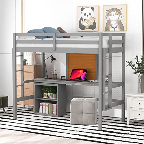 BOVZA Twin Size Loft Bed with Desk and Writing Board, Cabinet, Wood Loft Bed Frame with 2 Built-in Ladder and Guardrails for Kids Teens Girls Boys, Gray