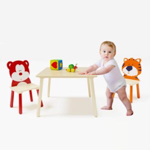 3 Piece Wood Table & Chair Set for Age 2-6 Boy Girl, Wood Activity Table Drawing Play Table Set w/ 2 Animals Chairs for Home, Nursery, Kindergarten, Age 2-6 Boy Girl Activity Table Chair 3 Pieces Set