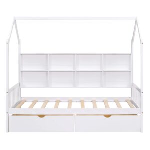 Wooden Twin Size House Bed with 2 Drawers for Boys Girls Kids Toddler,Kids Bed with Storage Shelf, White