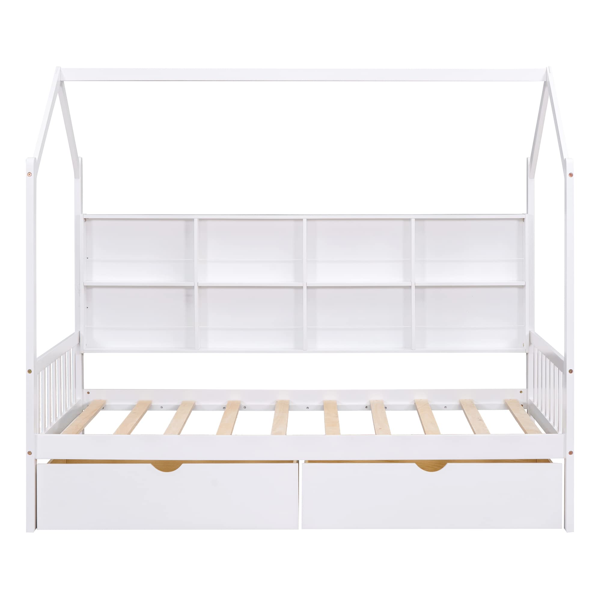 Wooden Twin Size House Bed with 2 Drawers for Boys Girls Kids Toddler,Kids Bed with Storage Shelf, White