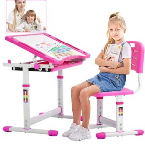 blkmty desk and chair set painting table and chairs set height adjustable school desk with tilt desktop student writing desk with storage drawer for studying, reading, drawing, pink