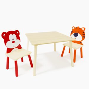 3 Piece Wood Table & Chair Set for Age 2-6 Boy Girl, Wood Activity Table Drawing Play Table Set w/ 2 Animals Chairs for Home, Nursery, Kindergarten, Age 2-6 Boy Girl Activity Table Chair 3 Pieces Set