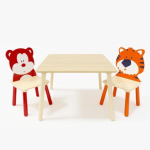 3 Piece Wood Table & Chair Set for Age 2-6 Boy Girl, Wood Activity Table Drawing Play Table Set w/ 2 Animals Chairs for Home, Nursery, Kindergarten, Age 2-6 Boy Girl Activity Table Chair 3 Pieces Set