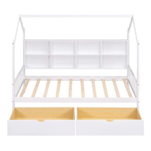 Wooden Twin Size House Bed with 2 Drawers for Boys Girls Kids Toddler,Kids Bed with Storage Shelf, White