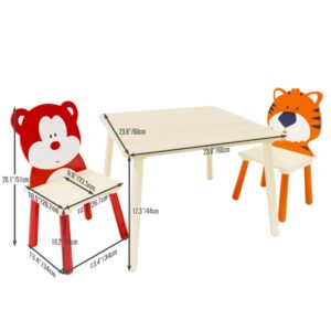 3 Piece Wood Table & Chair Set for Age 2-6 Boy Girl, Wood Activity Table Drawing Play Table Set w/ 2 Animals Chairs for Home, Nursery, Kindergarten, Age 2-6 Boy Girl Activity Table Chair 3 Pieces Set