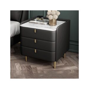 bedside table mid-century modern nightstand faux leather bedside table w/marble pattern sintered stone top side table wood 3 drawer bedroom cabinet chest of drawers (color : black, size : 50x40x69cm