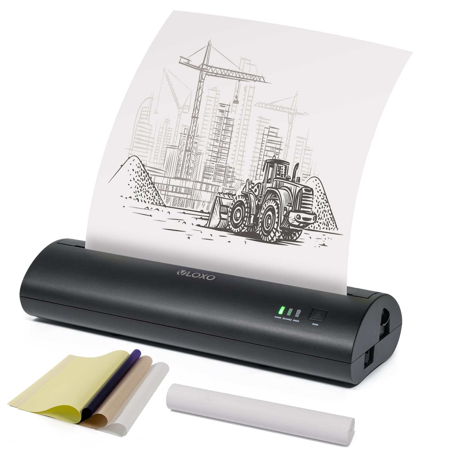 VLOXO Portable Printer, Cordless Thermal Printer Mini Inkless Printer Compatible with Phone & PC Tattoo Stencil Printer for Travel, Home, Office, with Thermal Paper and 10pcs Transfer Paper