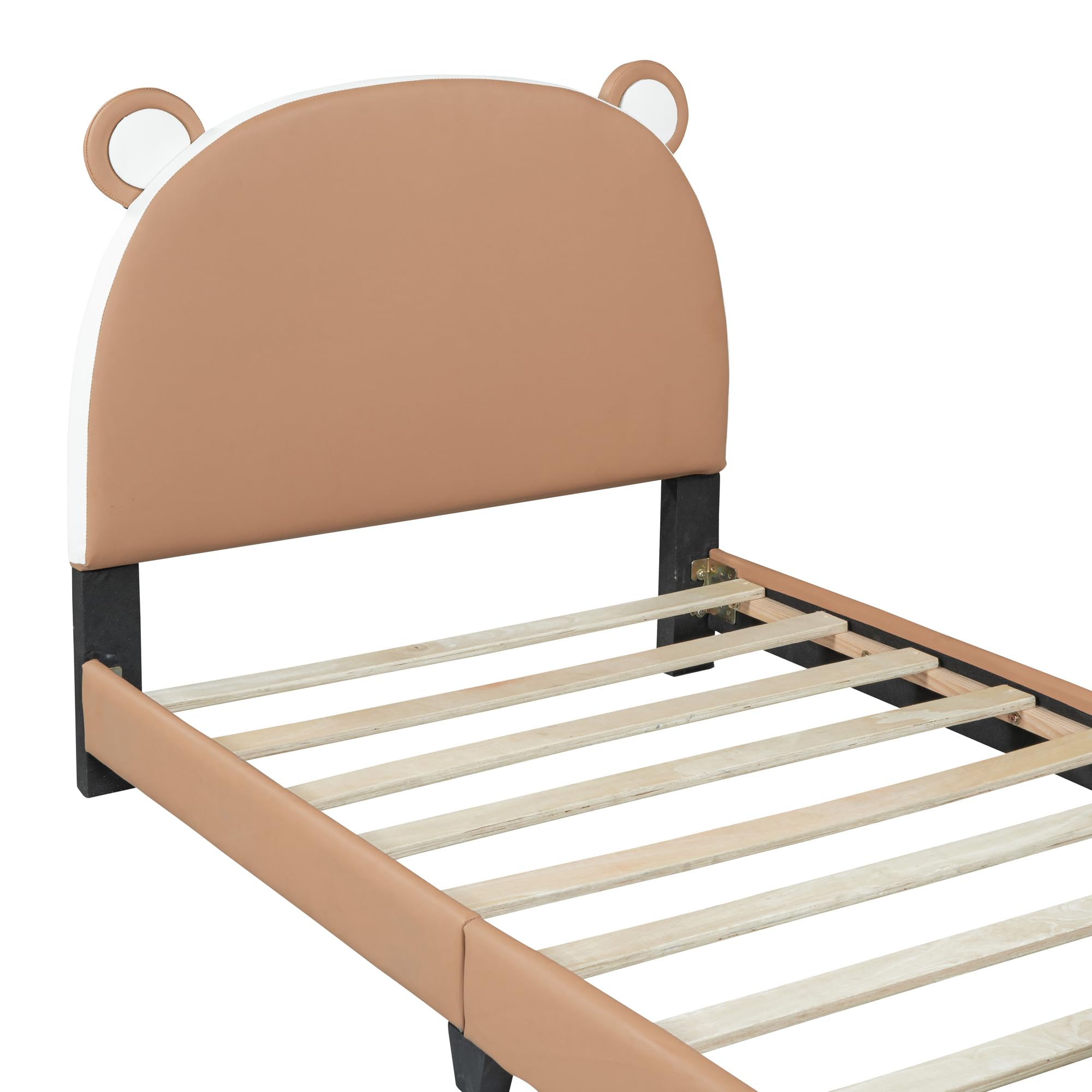 Cute Twin Size PU Leather Upholstered Platform Bed with Bear-Shaped Headboard and Footboard for Kids Boys Girls (Twin, Brown+White@Bear-Shaped)