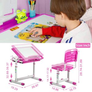 BLKMTY Desk and Chair Set Painting Table and Chairs Set Height Adjustable School Desk with Tilt Desktop Student Writing Desk with Storage Drawer for Studying, Reading, Drawing, Pink