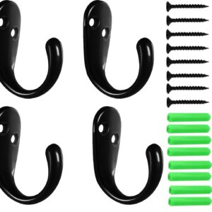 Kruodop 4 Pack Wall Hooks Wall Mounted Coat Hooks for Hanging Heavy Duty, Black Towel Hooks, Metal Single Coat Hanger with Screws Cup Retro for Coats, Handbags, Towels