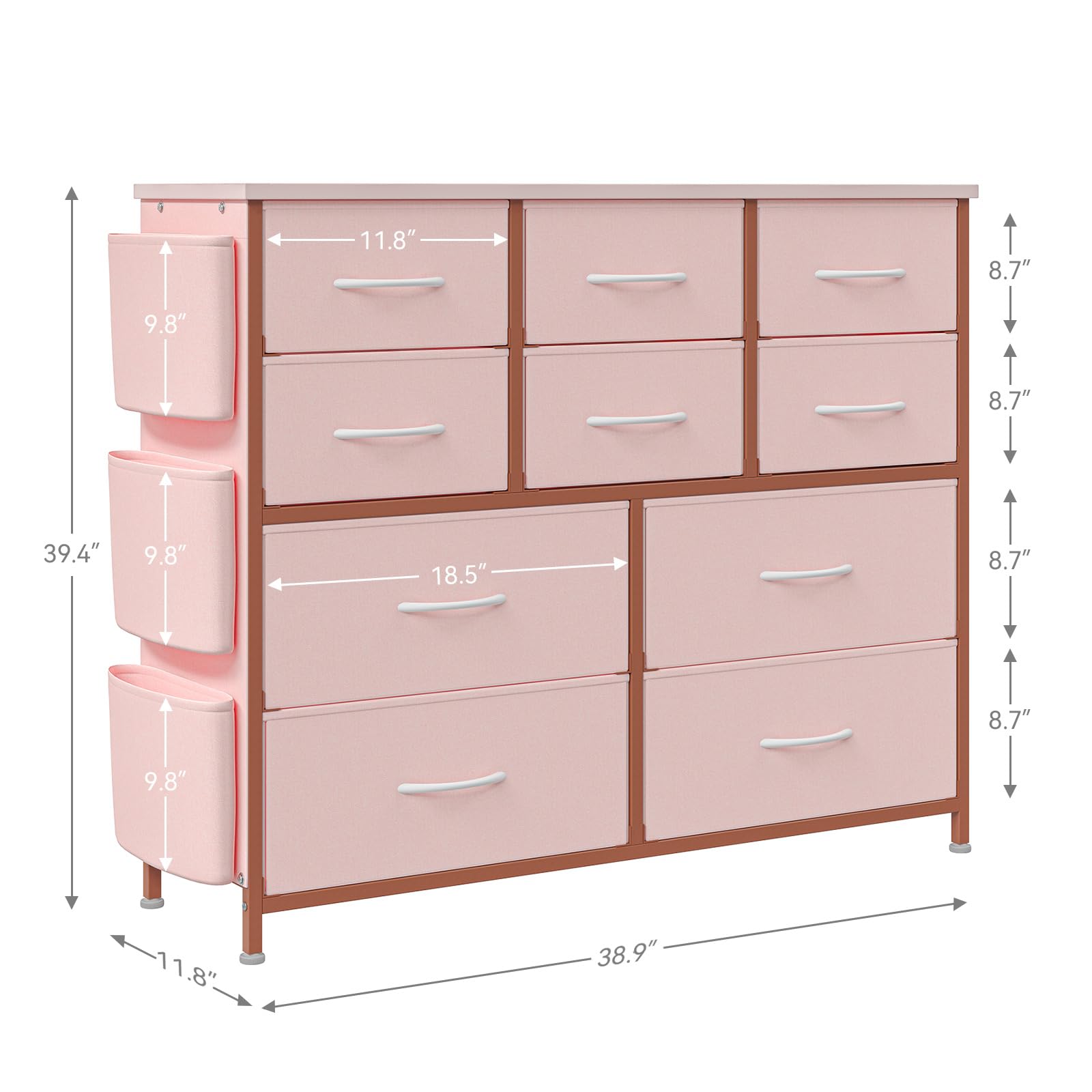 10 Drawers Fabric Dresser Storage Drawers, Tall Dresser with Sturdy Frame&Wooden Top, Organizer Unit for Closet, Living Room, Entryway, Hallway, Pink