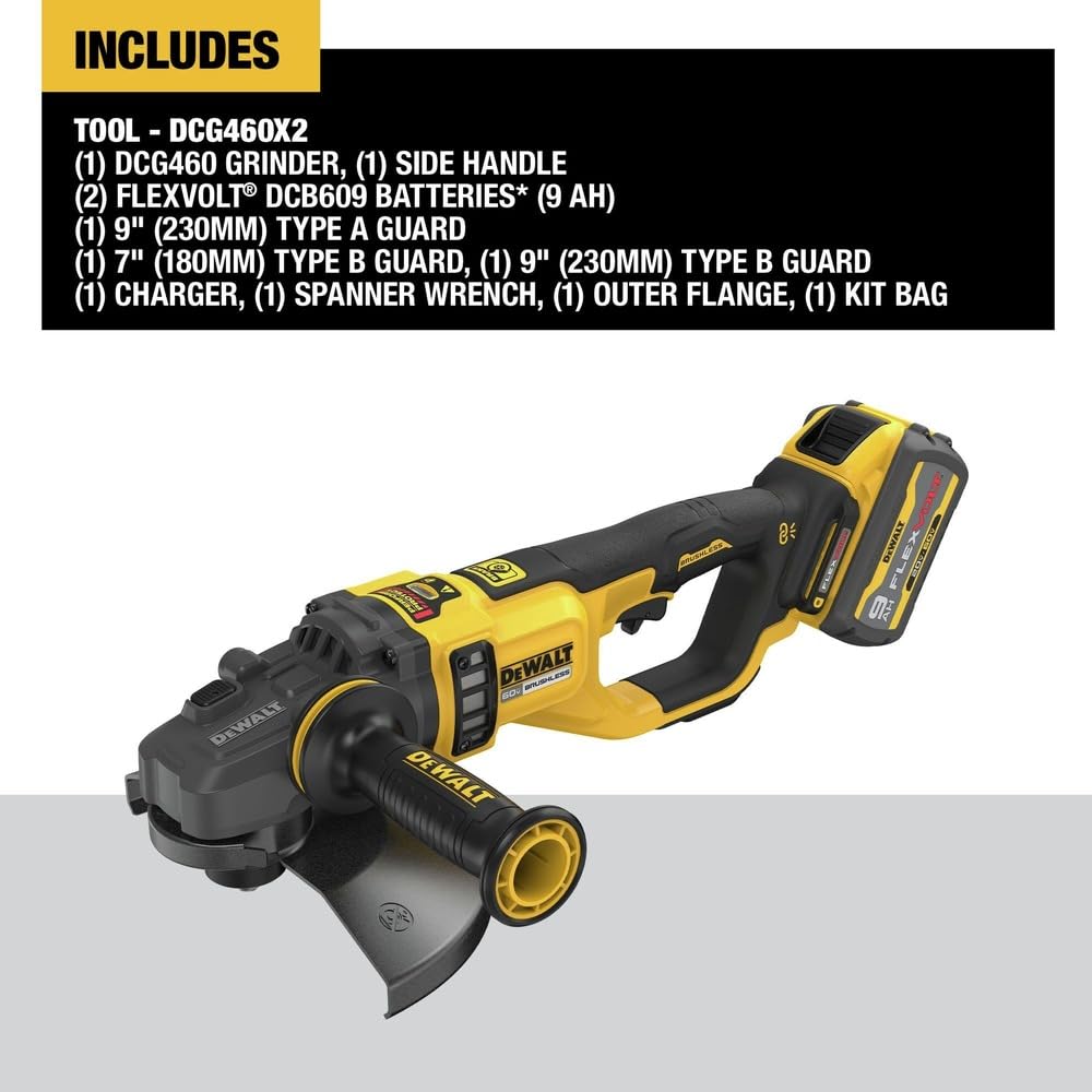 Dewalt DCG460X2 60V MAX Brushless Lithium-Ion 7 in. - 9 in. Cordless Large Angle Grinder Kit with 2 FLEXVOLT Batteries (9 Ah)