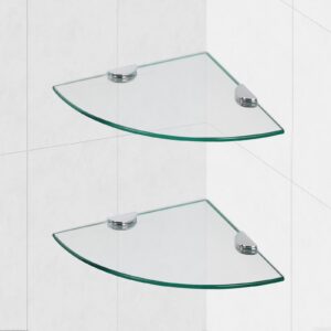 Glass Corner Shower Shelves, Tempered Floating Glass Shelves Wall Mount, Glass Shelf for Bathroom, Shower Caddy Organizer with Zinc Alloy Brackets for Bathroom, Kitchen, Living Room 9.8" x 9.8" 2 Pack