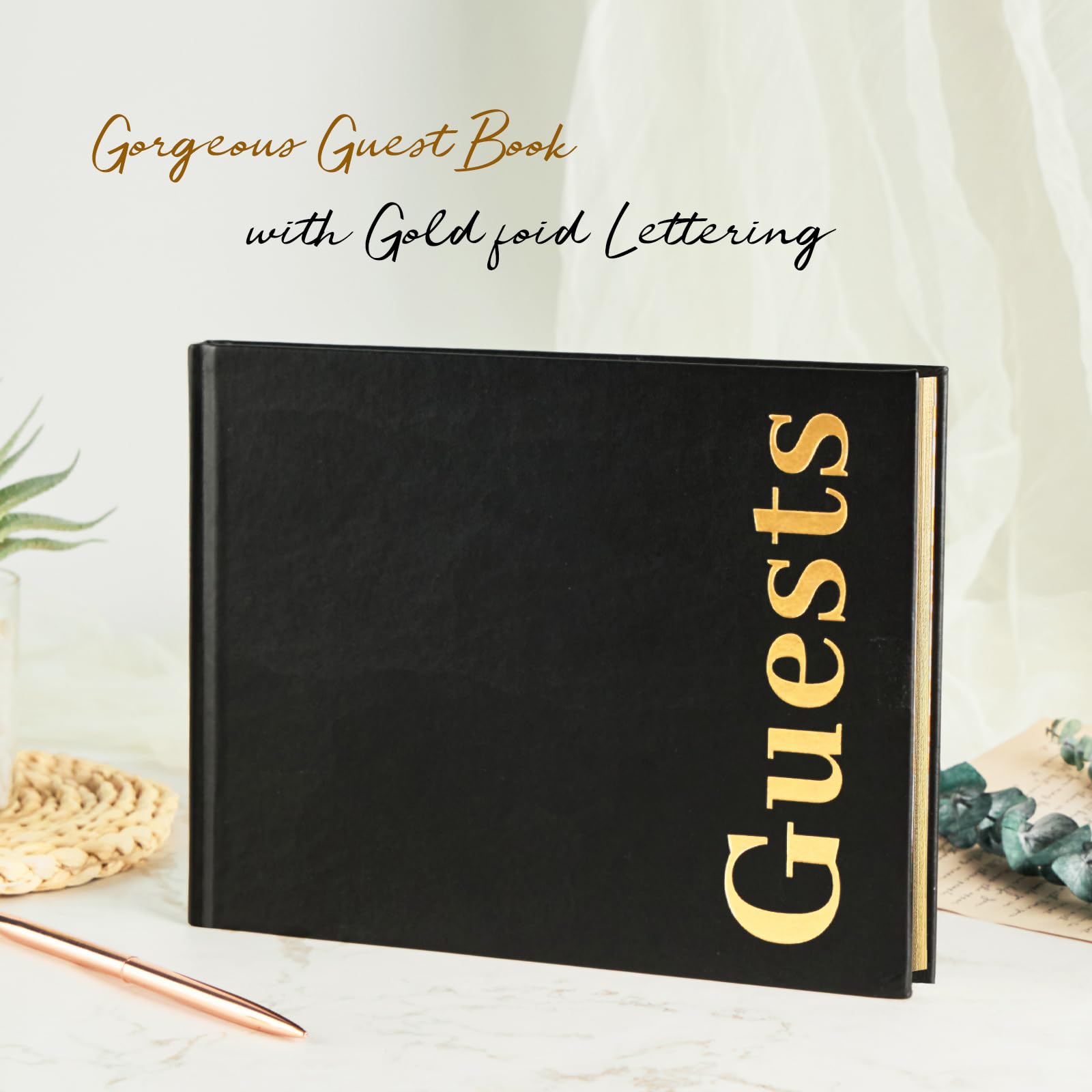 JUBTIC Guest Book: Premuim Keepsake for Life's Special Events - Sign in Book for Wedding Reception, Baby Shower, Funeral and Birthday Party - 100 Pages, Leather's Cover, Gold Foil (Black, 7" x10″)