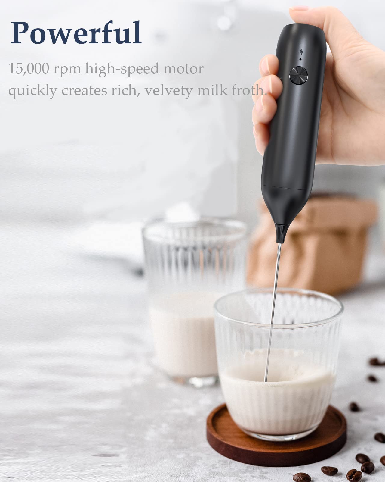 COKUNST Electric Milk Frother Handheld Rechargeable USB C, Powerful Milk Frother with Stand, Mini Drink Mixer Electric Handheld, Durable Whisk Coffee Milk Frother for Cappuccino, Latte, Hot Chocolate