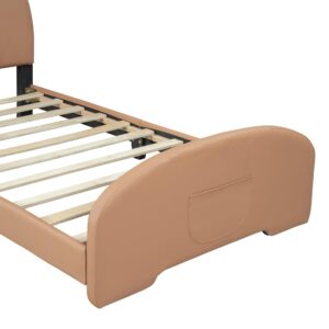 Cute Twin Size PU Leather Upholstered Platform Bed with Bear-Shaped Headboard and Footboard for Kids Boys Girls (Twin, Brown+White@Bear-Shaped)