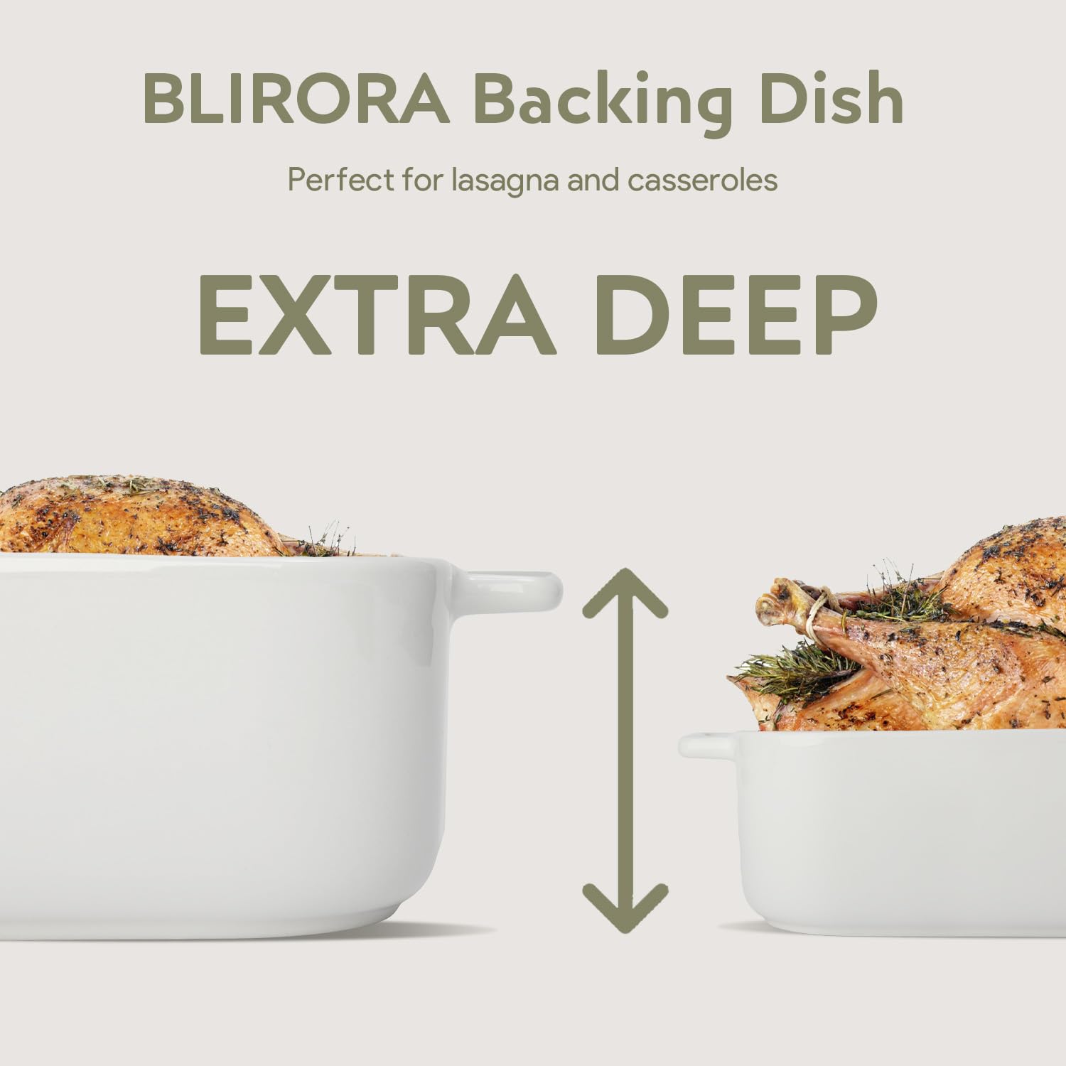 BLIRORA Deep Ceramic Baking Dish, 9x13 Inch Casserole Dish for Oven, 152 oz Large Elegant Design Lasagna Pan with Handles- Durable Serving Bakeware for Lasagna, Roasting and Baking, White