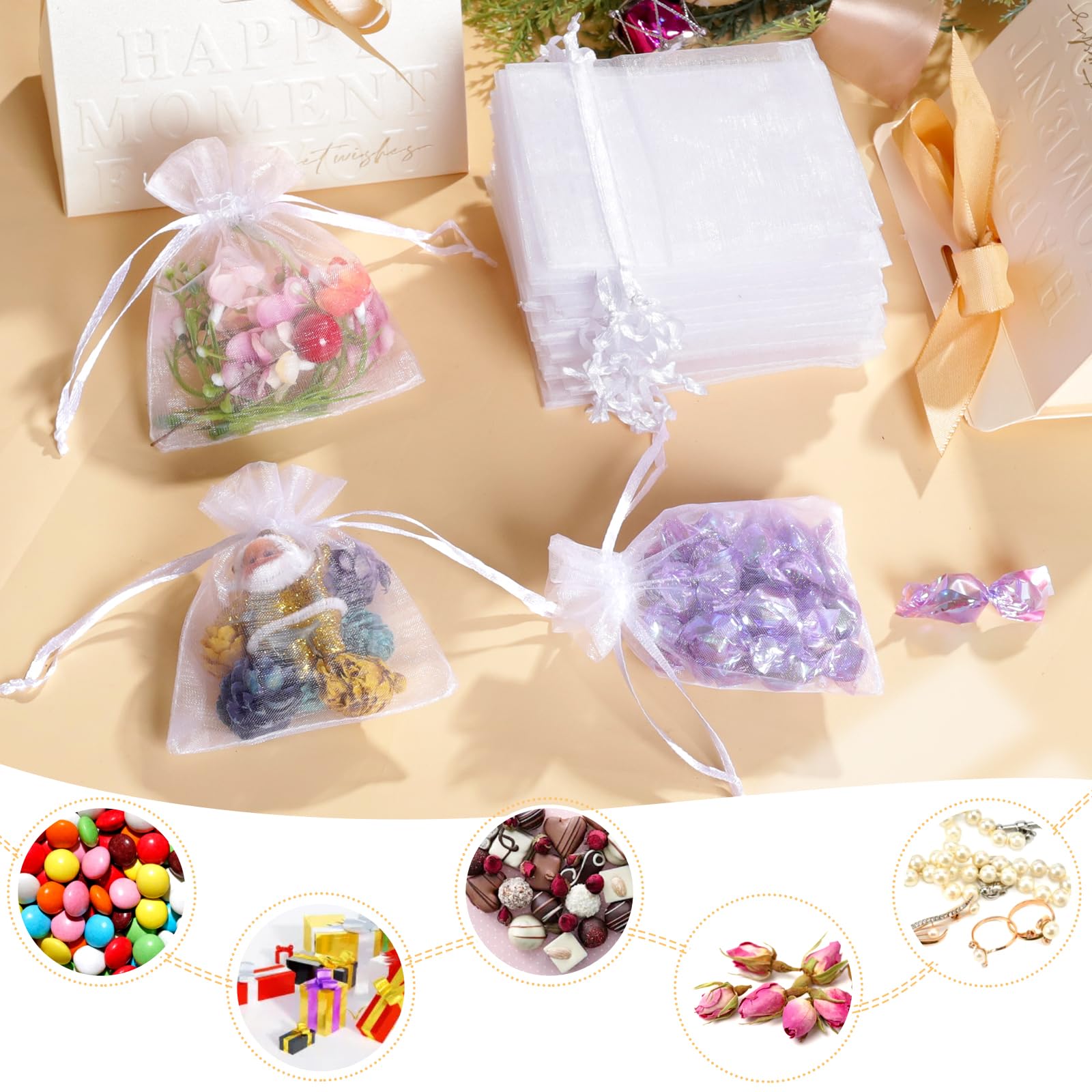 100Pcs White Organza Bags, 2x3Inch Sheer Wedding Party Favor Bags with Drawstring, Jewelry Gift Bags Christmas Candy Pouches