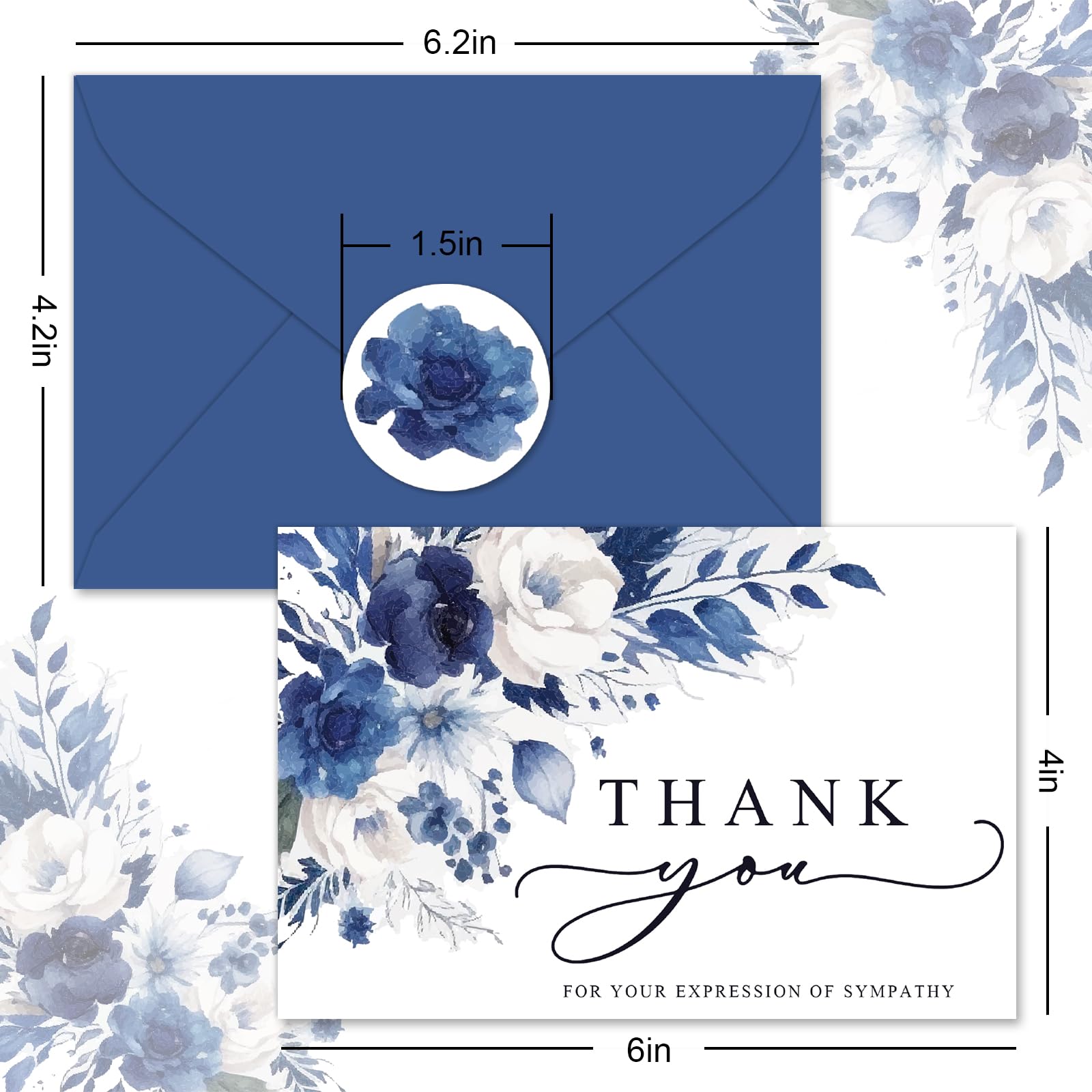 AnyDesign 30Pcs Floral Funeral Thank You Cards with Sticker Envelope, Watercolor Blue Flower Bereavement Card with Message for Memorial Service Loved Ones Celebration of Life