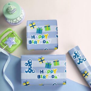 WRAPAHOLIC 1st Birthday Wrapping Paper Sheet - 6 Sheets Blue Happy Birthday with Gift Box Design Folded Flat for Birthday, Party, Baby Showers - 19.7 Inch X 27.5 Inch Per Sheet