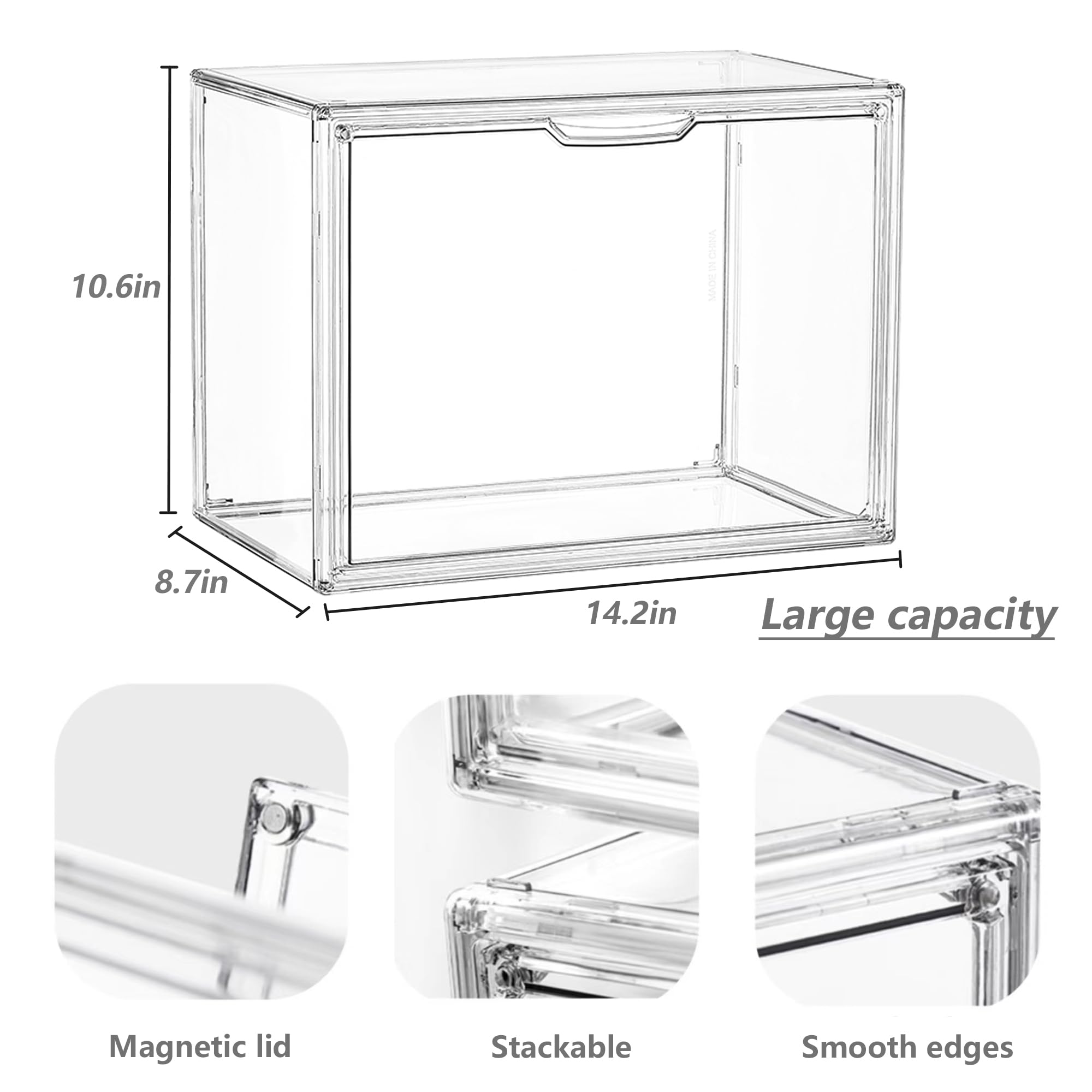 Clear Acrylic Display Case, Stackable Plastic Storage Bins with Magnetic Attraction Lid, Showcase for Cosmetic, Large Figures Collectibles, X-Large