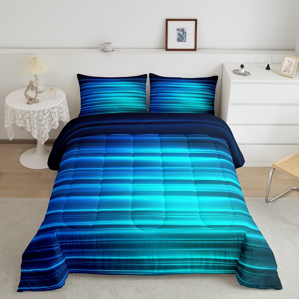 Feelyou Blue Black Gradient Comforter Twin Size, Abstract Ombre Comforter for Kids Toddler Geometric Abstract Ombre Bedding Set Gradient Contemporary Duvet Set Lightweight Quilt Set