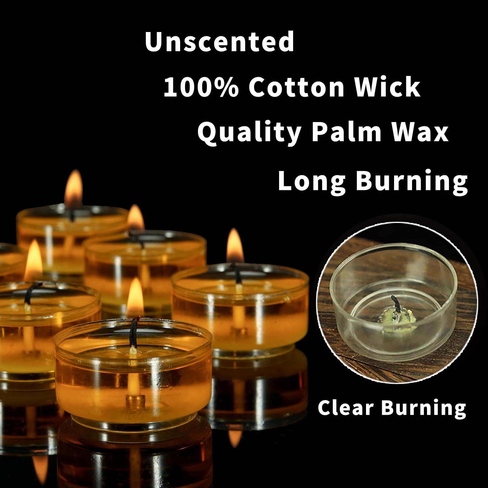 Linegohts 100 Clear Tealight Candles - 4+ Hour Burn Time - Unscented Smokeless Clean Burning White Palm Votive Tea Lights Candles for Home, Shabbat & Anniversaries (100 Pack)