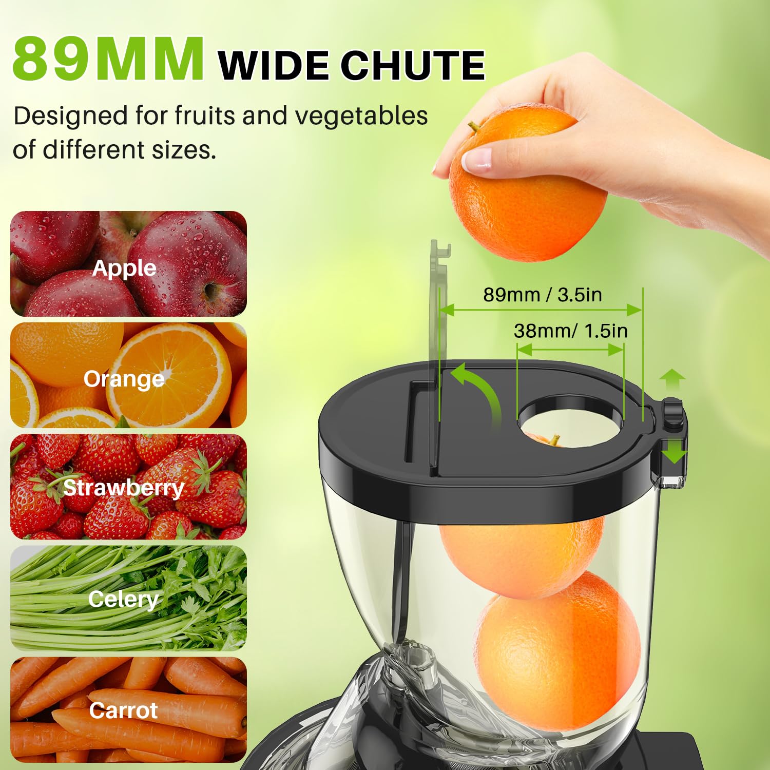 Cold Press Juicer Machines, 300W Slow Masticating Juicer Machines with 3.5inch (89mm) Large Feed Chute, Slow Cold Press Juicer Machines Vegetable and Fruit, Reverse Function Easy to Clean with Brush