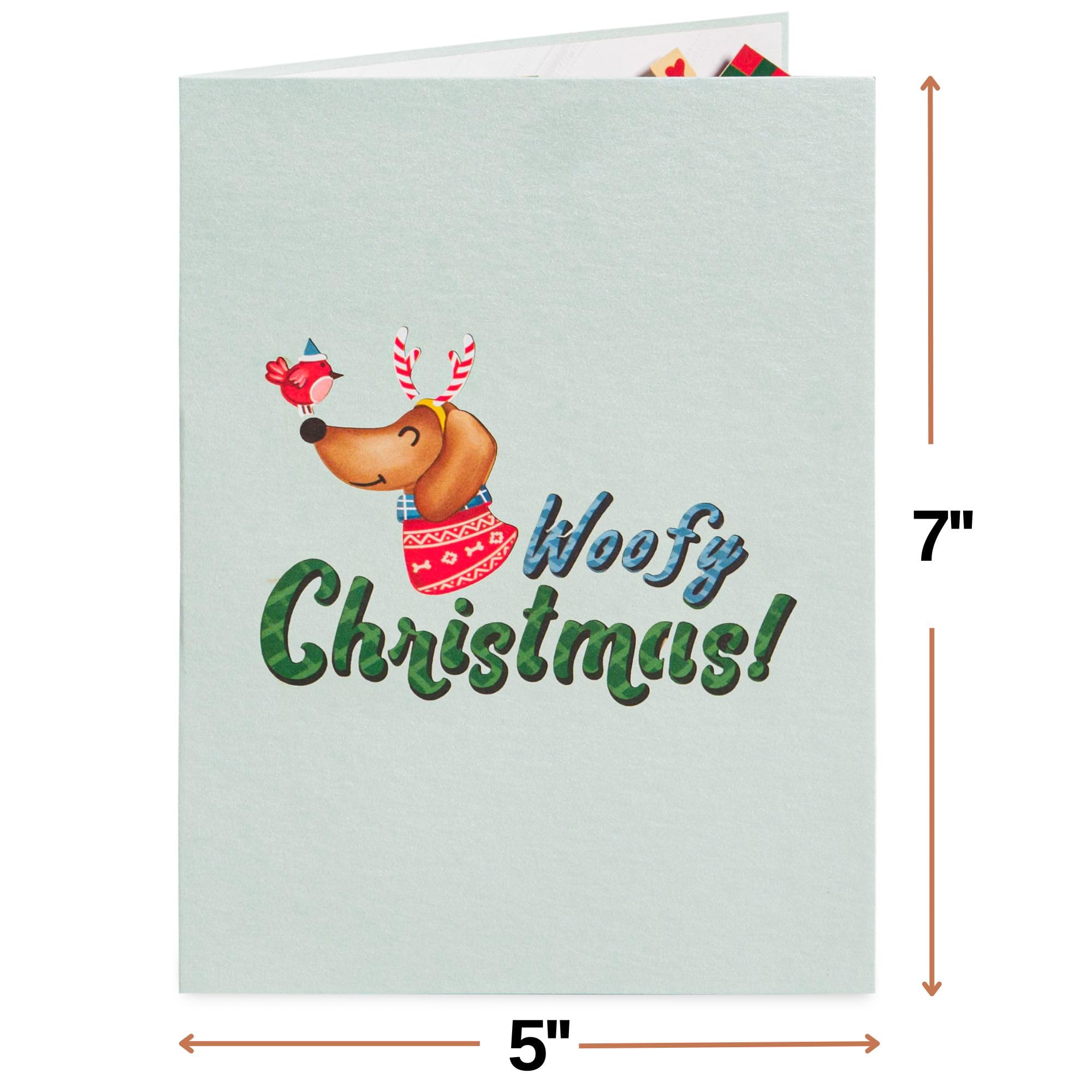 Paper Love Woofy Christmas Pop Up Card, Detachable 3D Christmas Cards, Gift for Christmas or Holidays, Thank You, Thinking of You | 5" x 7" Cover - Includes Envelope and Removable Note Tag