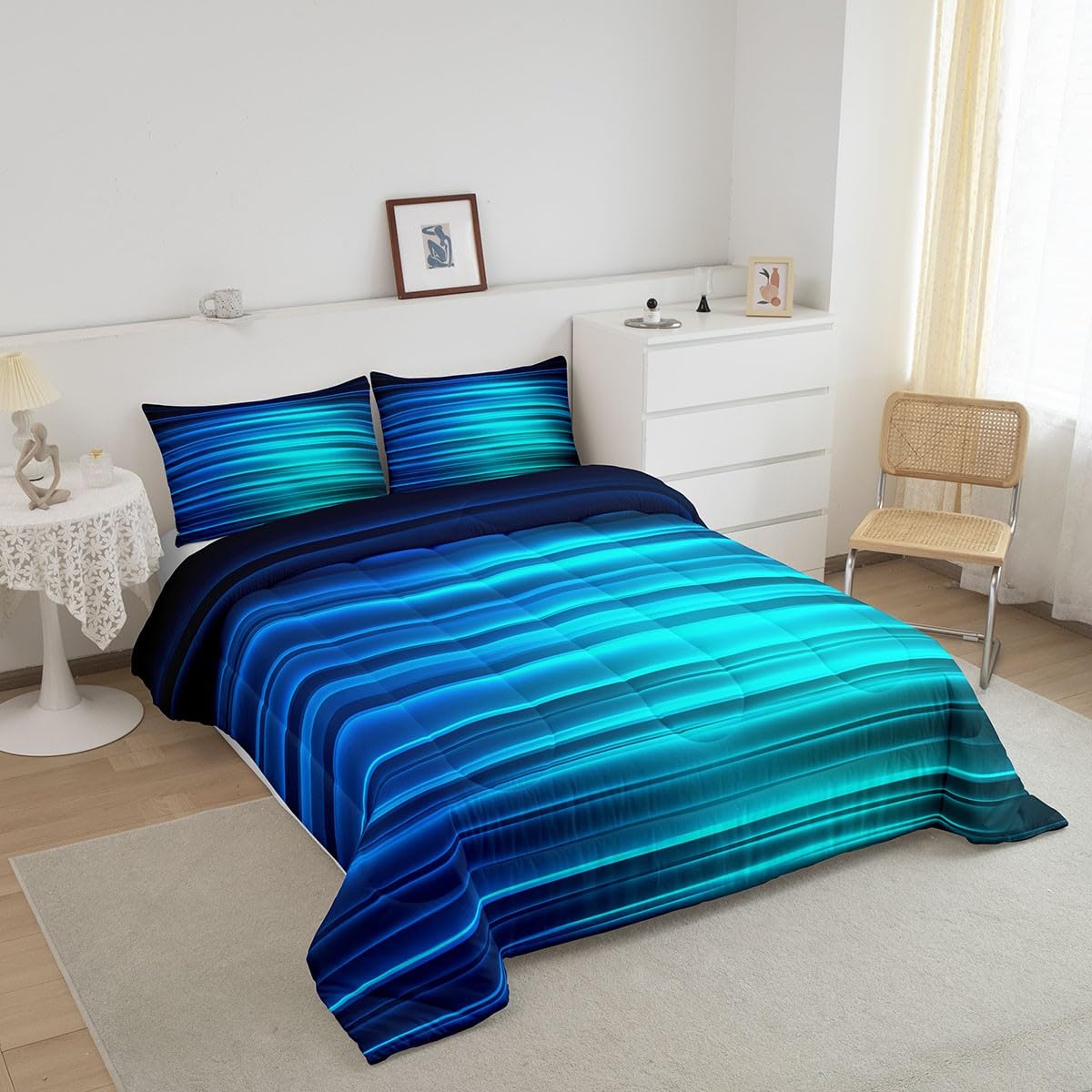 Feelyou Blue Black Gradient Comforter Twin Size, Abstract Ombre Comforter for Kids Toddler Geometric Abstract Ombre Bedding Set Gradient Contemporary Duvet Set Lightweight Quilt Set