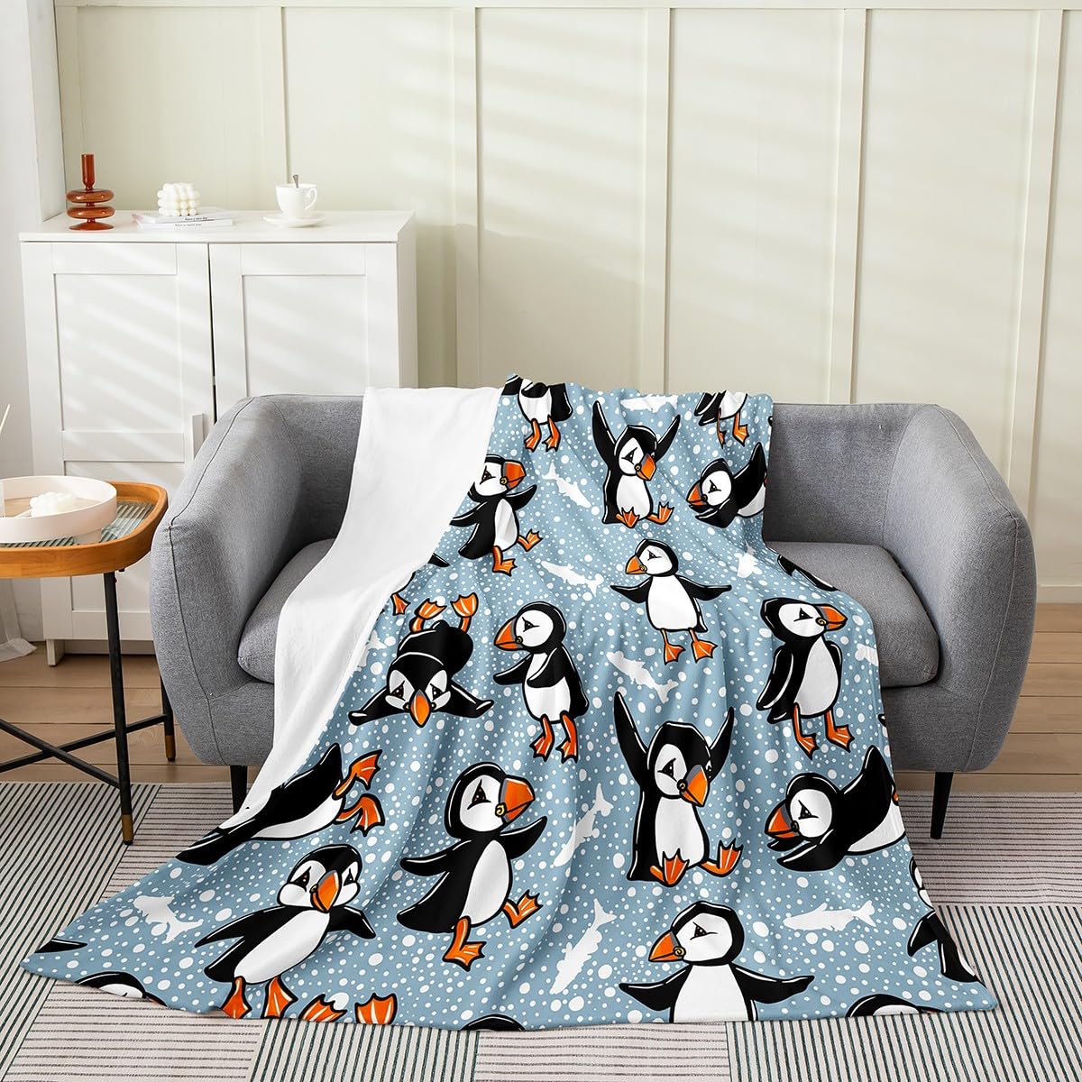 jejeloiu Cute Puffin Blanket 40"x50" Puffin Bird Drawing Plush Throw Blanket, for Kids Boys Girls Decor Cute Animal Fishing Flannel Fleece Blanket Microfiber Snowflake Bedroom