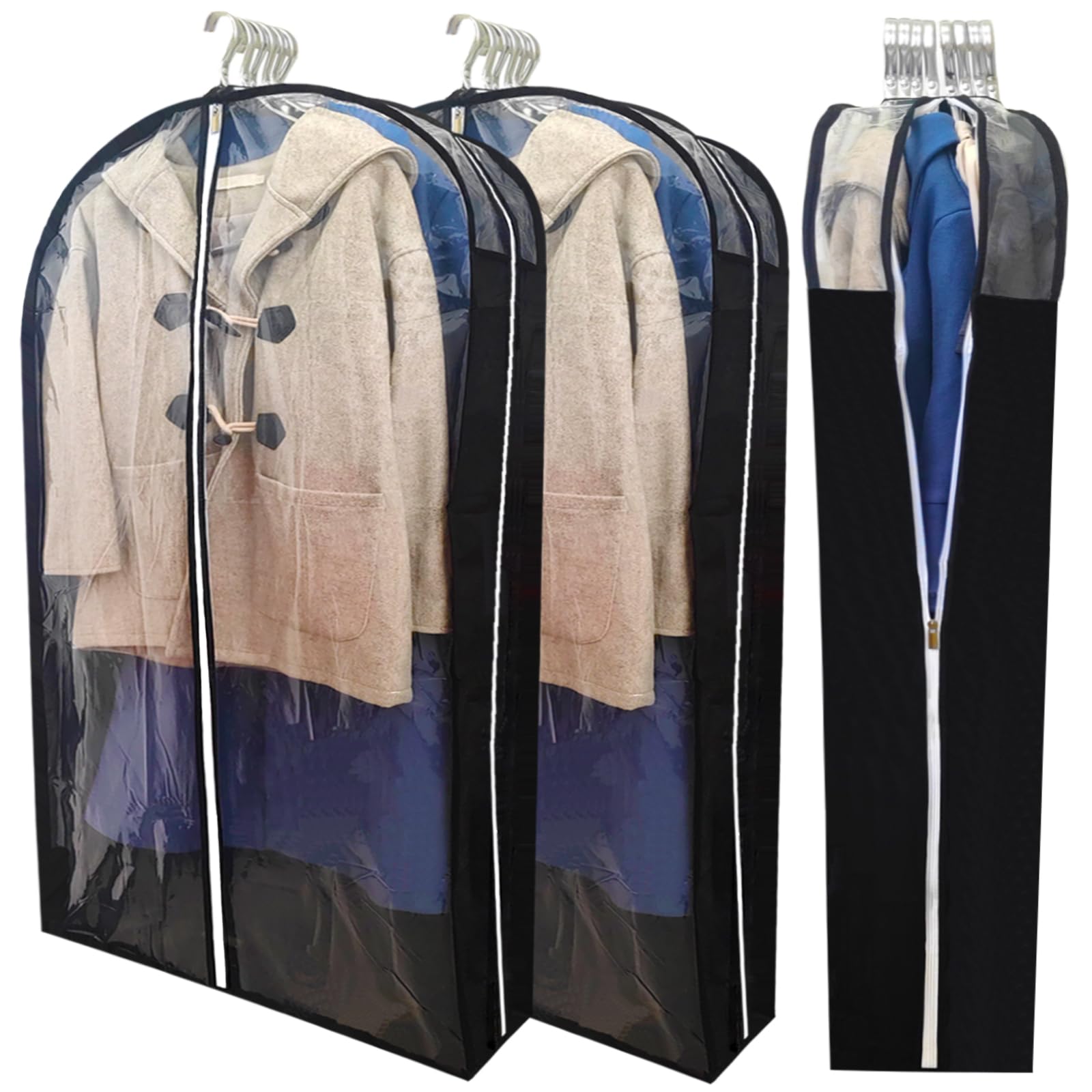 Dress Bags for Gowns Long with 6.3" Gusset, 50" Clear Moth Proof Garment Bags for Hanging Clothes, Dresses Covers and Side Zipper Protector for Storage, Overcoat, Trousers, Sweater, 3 Packs