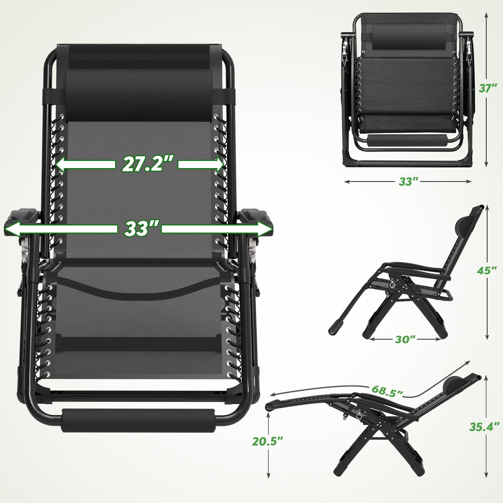 ZENPETIO Oversized Zero Gravity Chair, 33In XXL Zero Gravity Recliner Lounge Chair, Anti Gravity Chair for Indoor and Outdoor, Reclining Camping Chair for Lawn and Patio w/Cushion and Footrest, 500LBS