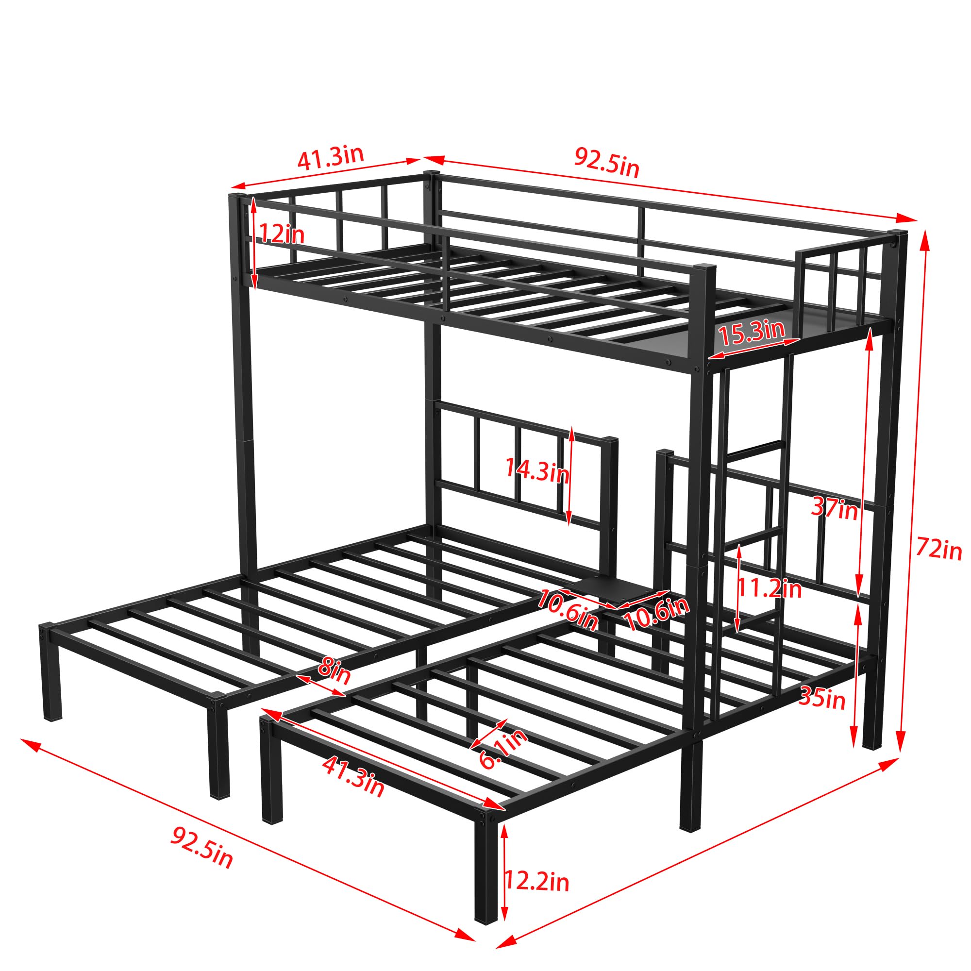 MERITLINE Triple Bunk Beds for 3, Metal Bunk Bed Twin Over Twin & Twin Size, Three Bed Bunk Beds for Kids, Teens,Can be Separated into 3 Twin Beds, Black