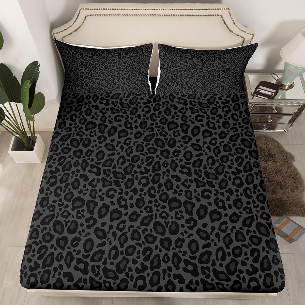 Castle Fairy Leopard Print Fitted Sheet Set Full Size 4 Pcs,Gray Wild Animal Skin Teens Sheets,African Cheetah Wildlife Bedding Sets (1 Fitted,1 Flat,2 Pillowcases) Luxury Deep Pocket Bed Sheets