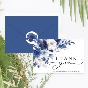 AnyDesign 30Pcs Floral Funeral Thank You Cards with Sticker Envelope, Watercolor Blue Flower Bereavement Card with Message for Memorial Service Loved Ones Celebration of Life