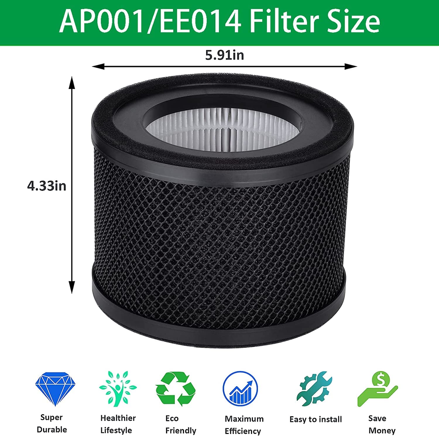 AP001 EE014 Filter, Lichelete 4 Pack True Replacement Filter Compatible with TaoTronics TT-AP001 and VAVA VA-EE014, 3-in-1 Grade True and Activated Carbon Filter (4 Pack)