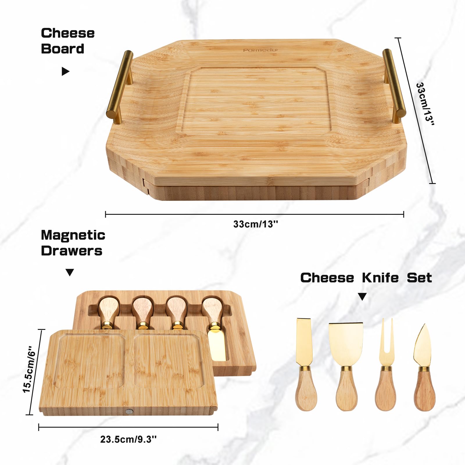 Parmedu Bamboo Cheese Board Set: Appetizer & Cheese Platter Serving Tray Charcuterie Board Set with Forks and Knives & Ergonomic Metal Handles & Exquisite Package - Nice Gift and Choice for Wedding