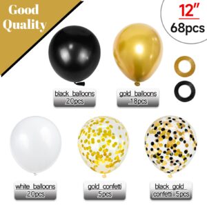 68Pcs Black White Gold Balloons with 12 Inch Black Gold Confetti Balloons for Graduation Birthday Wedding Party Decorations