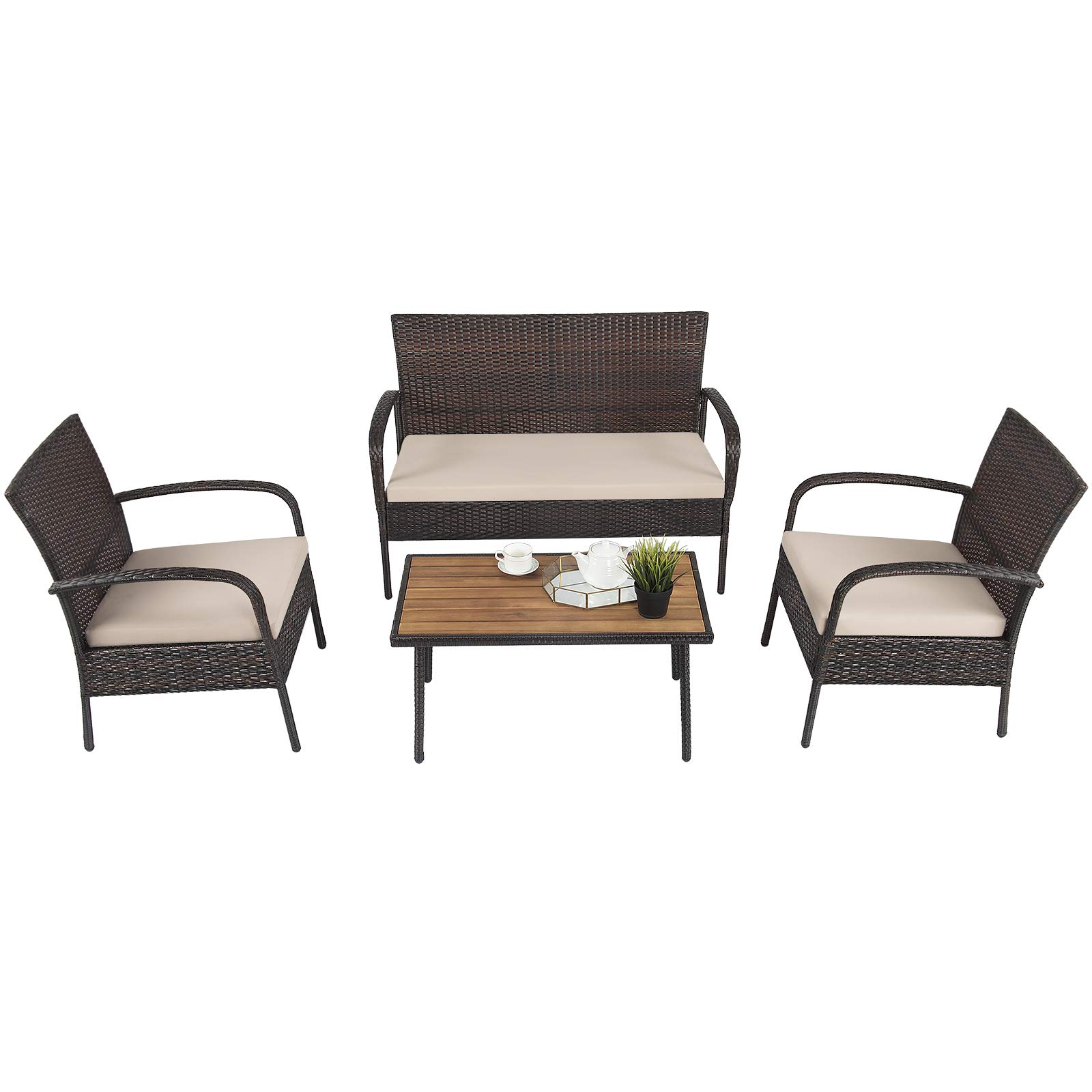 COSTWAY 4PCS Patio Rattan Furniture Set Outdoor Conversation Set Coffee Table w/Cushions