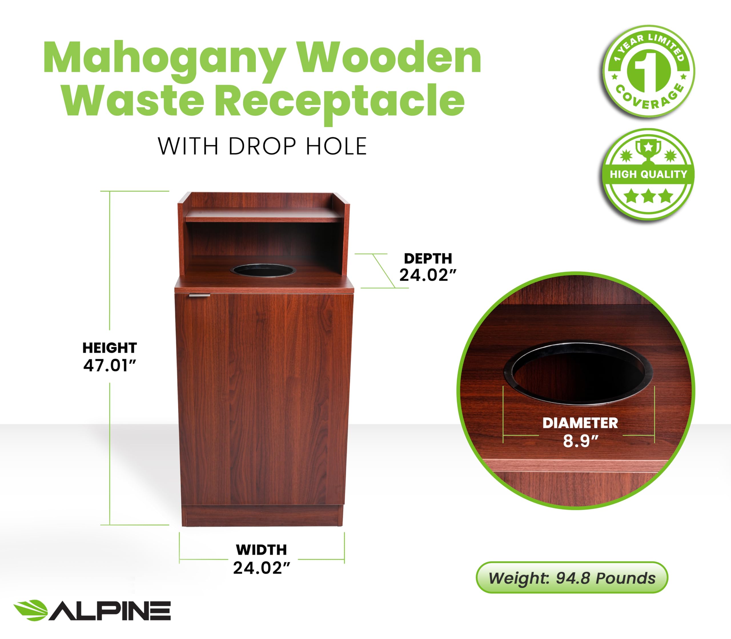 Alpine Restaurant Trash Bin Cabinet - Commercial Trash Can Garbage Receptacle Indoor with Tray Holder for 32 Gallon Garbage Bin (Mahogany)