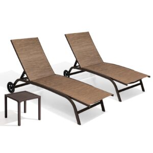 Crestlive Products Outdoor Chaise Lounge Chairs with Wheels Set of 3, Pool Lounge Chairs with 5 Adjustable Position for Patio, Poolside, Yard, Brown