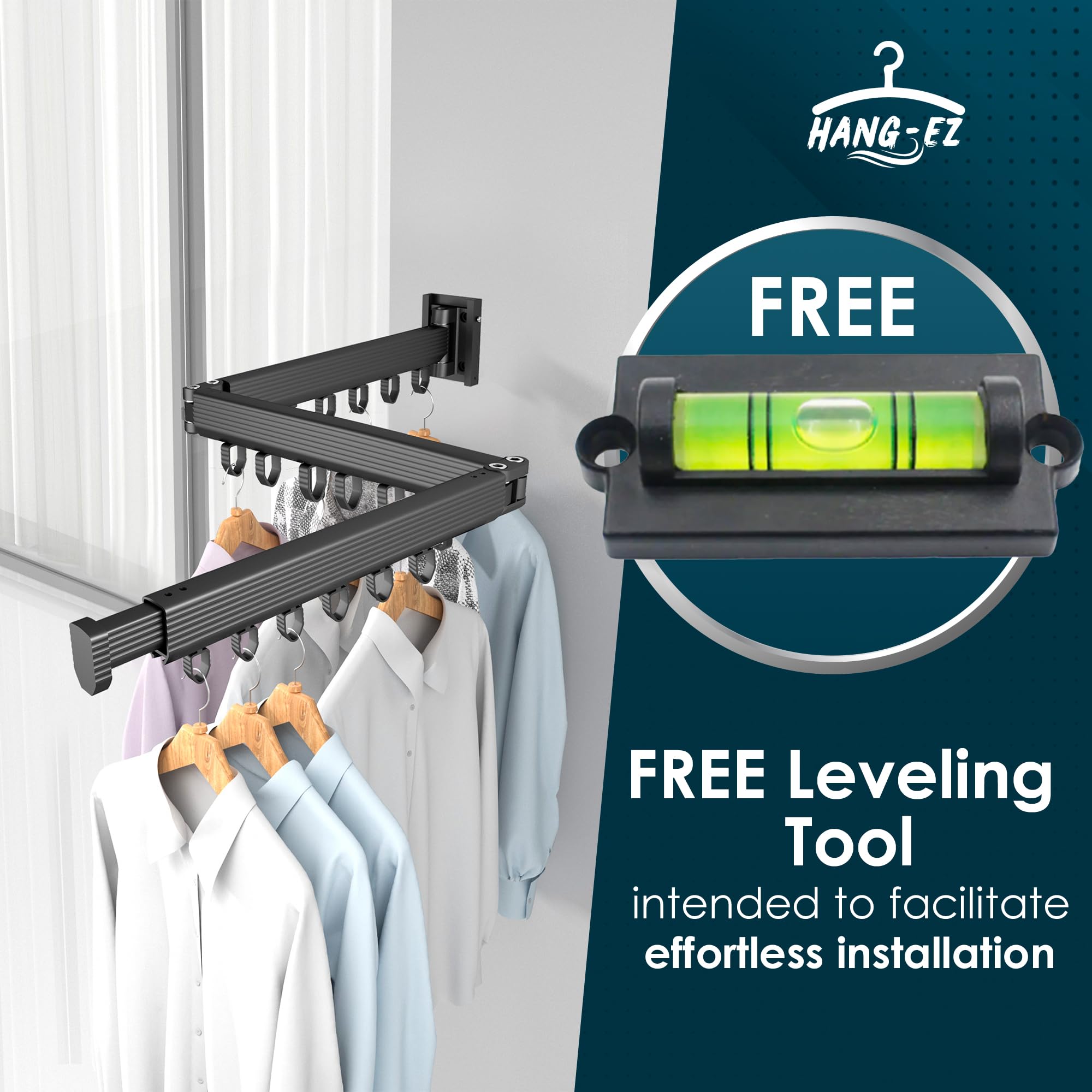 HANG-EZ Wall Mounted Clothes Hanger - Aluminum Clothes Drying Rack, Laundry Drying Rack, Trifold, Retractable, Collapsible Clothes Hanging Rack with Loop Shape Hooks Black (No Suction)