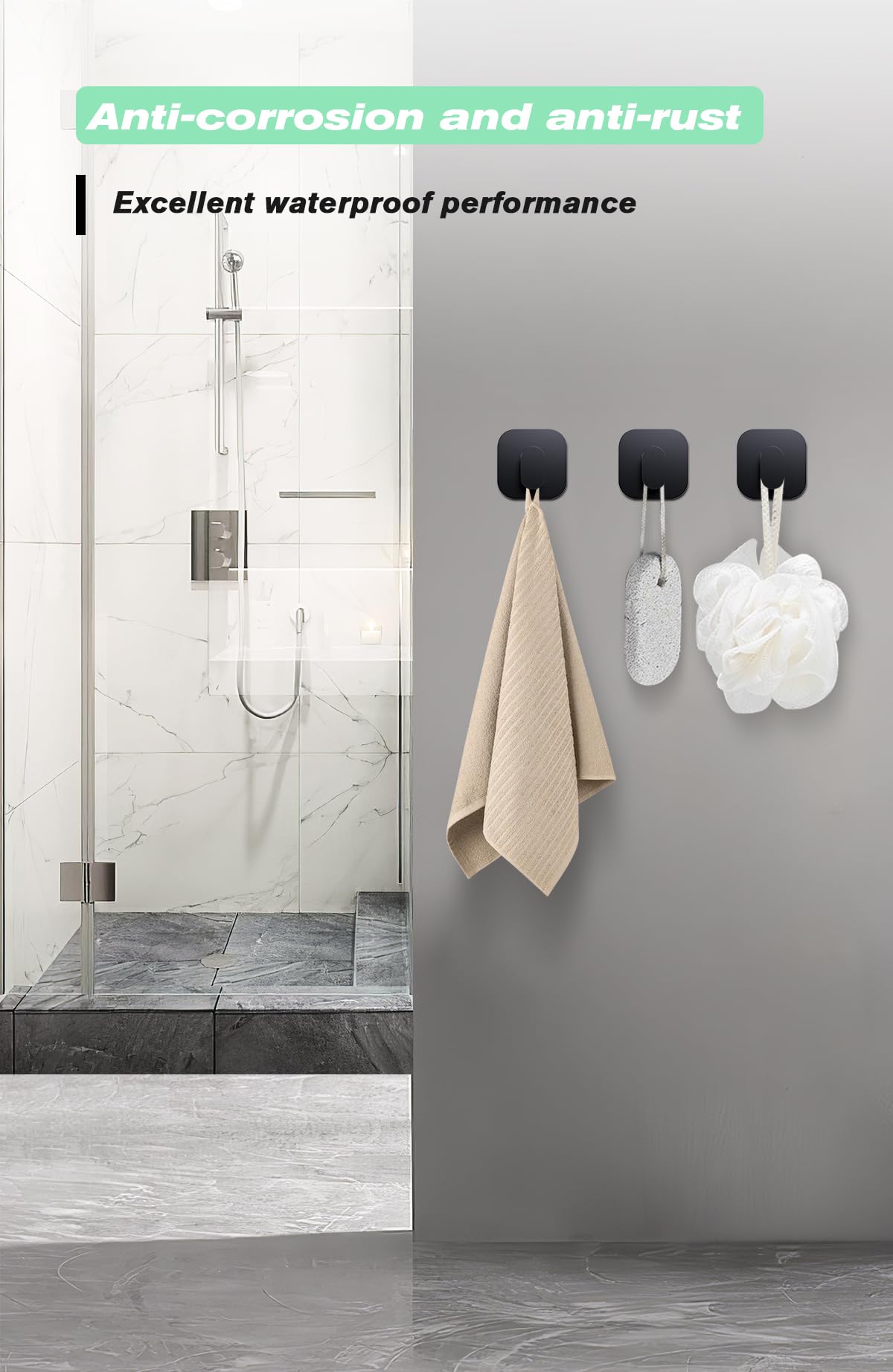 Aikzik Adhesive Hooks - 4 Pack Towel Wall Hooks for Bathrooms, Stainless Steel Waterproof Shower Sticky Hooks for Hanging, Matte Black