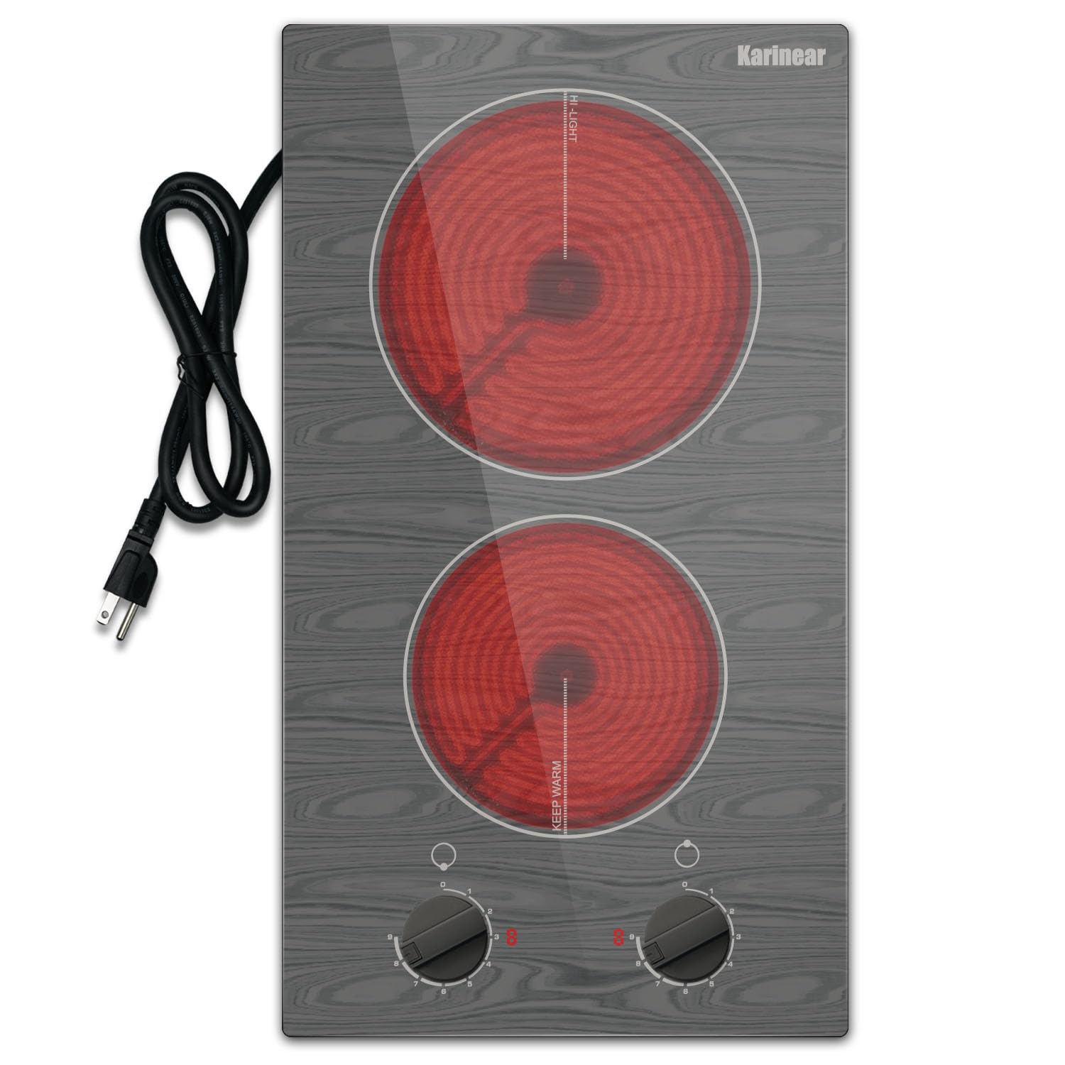 Karinear Electric Cooktop 2 Burners, 110v Portable Electric Stove Top with Knob, Glass Cooktop, Beautiful Woodgrain Pattern, Built-in and Countertop Electric Ceramic Cooktop, 12 Inch, 110v Outlet Plug