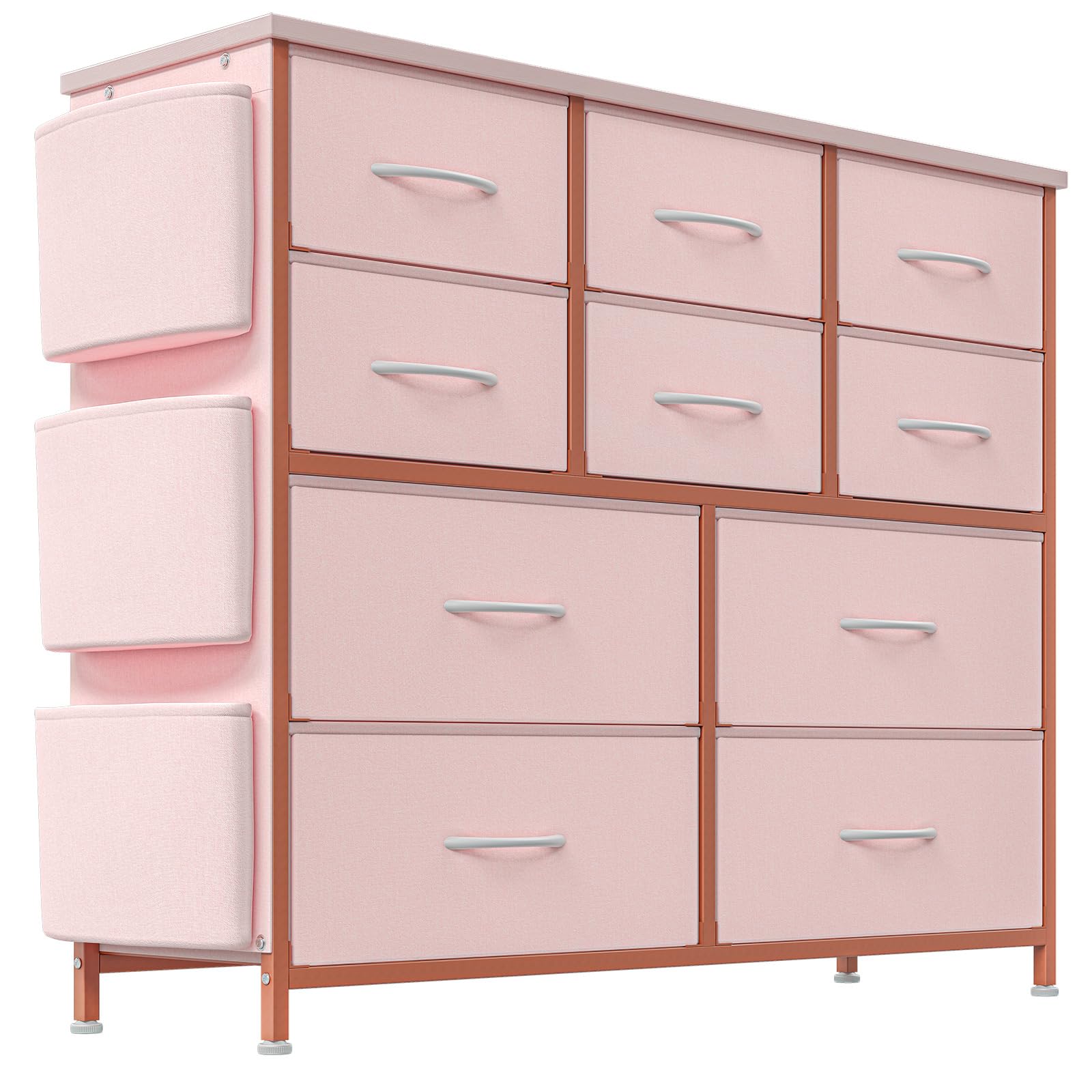 10 Drawers Fabric Dresser Storage Drawers, Tall Dresser with Sturdy Frame&Wooden Top, Organizer Unit for Closet, Living Room, Entryway, Hallway, Pink