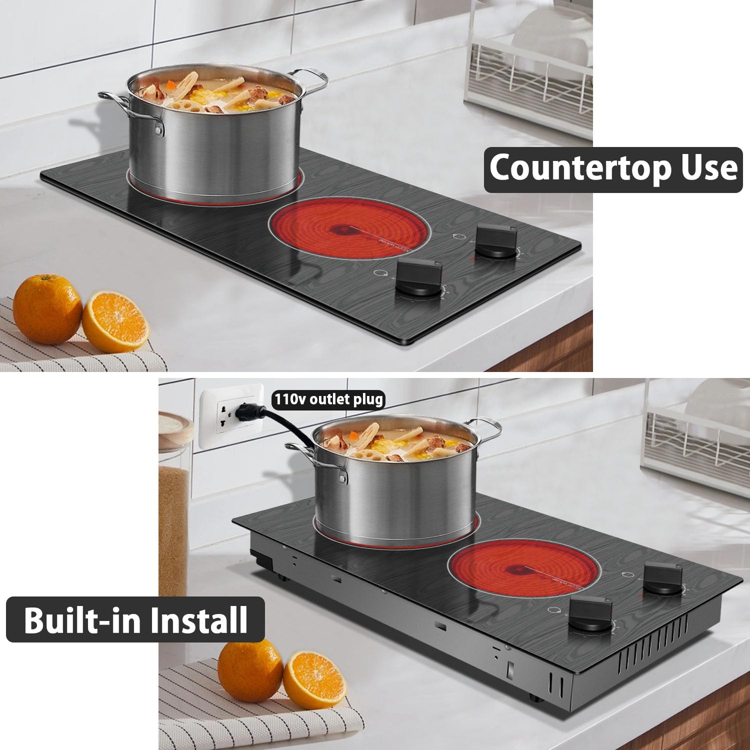 Karinear Electric Cooktop 2 Burners, 110v Portable Electric Stove Top with Knob, Glass Cooktop, Beautiful Woodgrain Pattern, Built-in and Countertop Electric Ceramic Cooktop, 12 Inch, 110v Outlet Plug