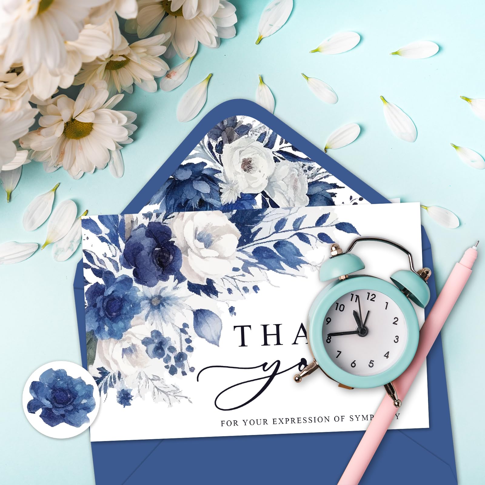 AnyDesign 30Pcs Floral Funeral Thank You Cards with Sticker Envelope, Watercolor Blue Flower Bereavement Card with Message for Memorial Service Loved Ones Celebration of Life