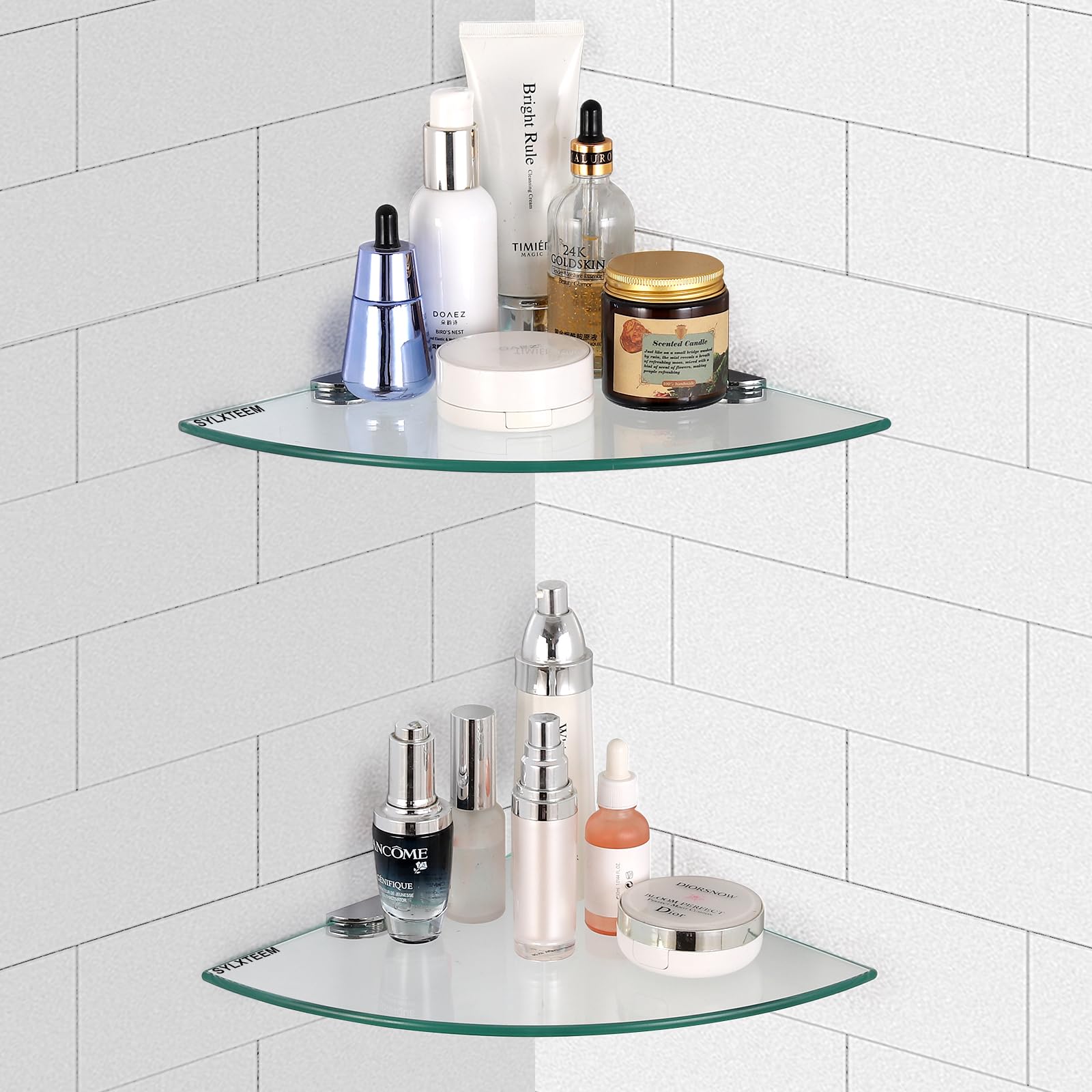 Glass Corner Shower Shelves, Tempered Floating Glass Shelves Wall Mount, Glass Shelf for Bathroom, Shower Caddy Organizer with Zinc Alloy Brackets for Bathroom, Kitchen, Living Room 9.8" x 9.8" 2 Pack