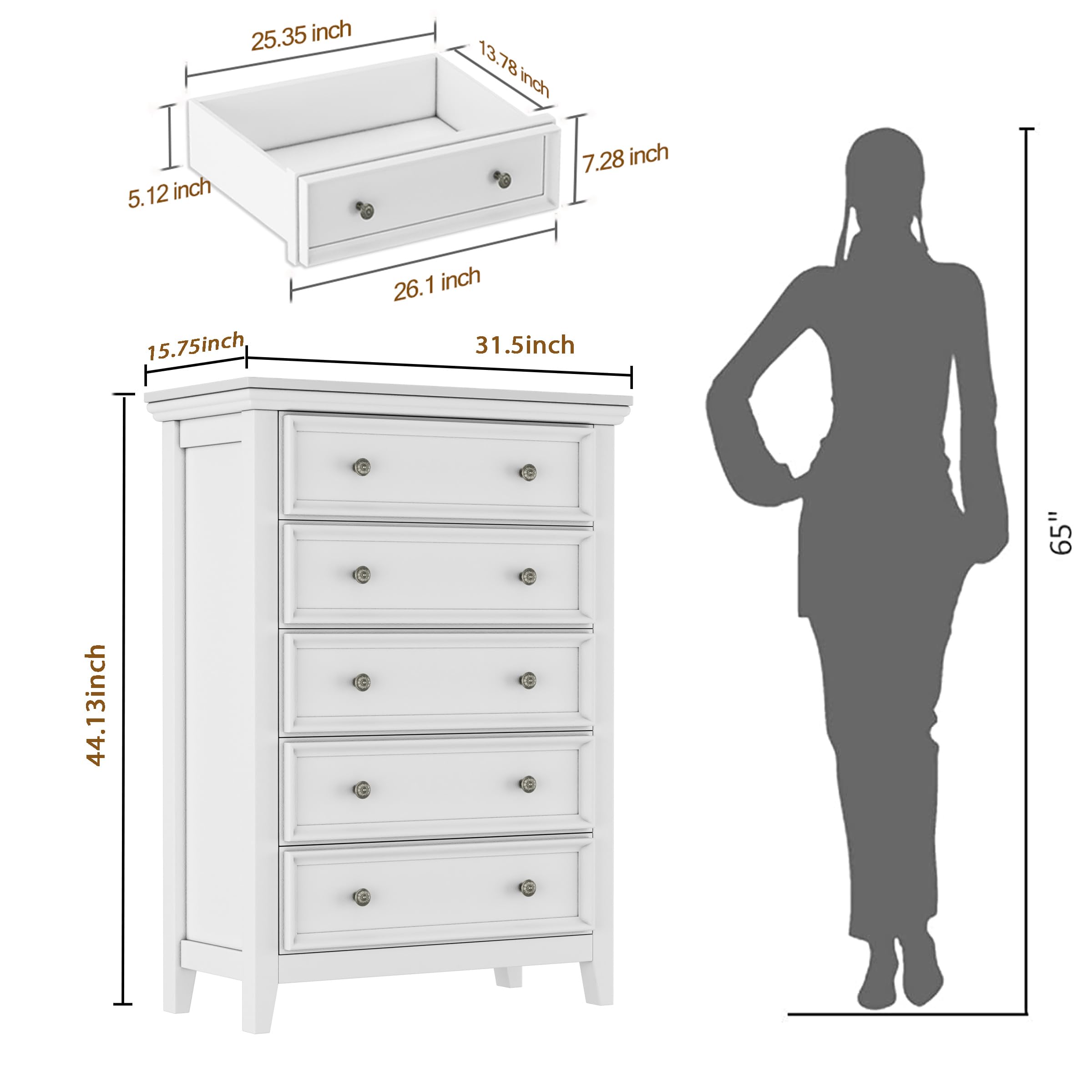 BOSHIRO White Dresser, 5 Chest of Drawer Dresser for Bedroom, Modern Tall Nightstand with Deep Drawers, Wood Organizer Drawer Cabinet for Bedroom, Living Room,Hallway